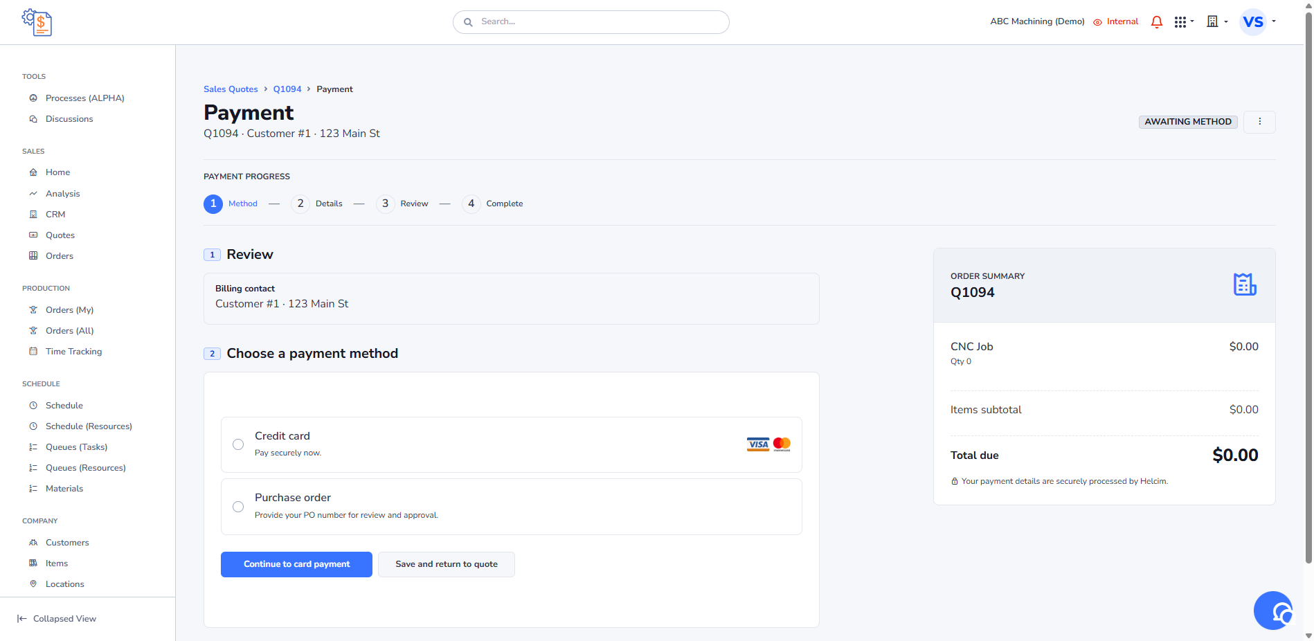 Internal sales quote payment awaiting method