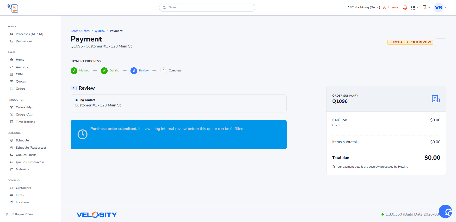 Internal sales quote payment purchase order review