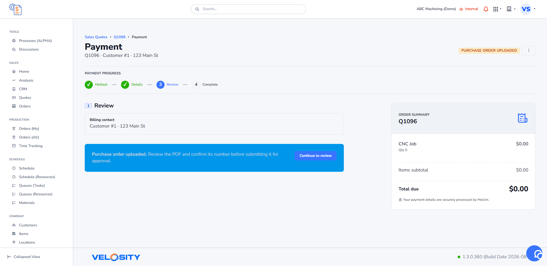 Internal sales quote payment purchase order uploaded