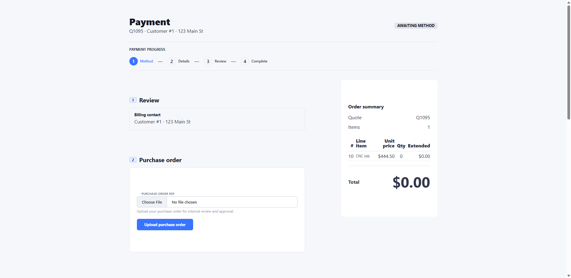 Public sales quote checkout awaiting payment method
