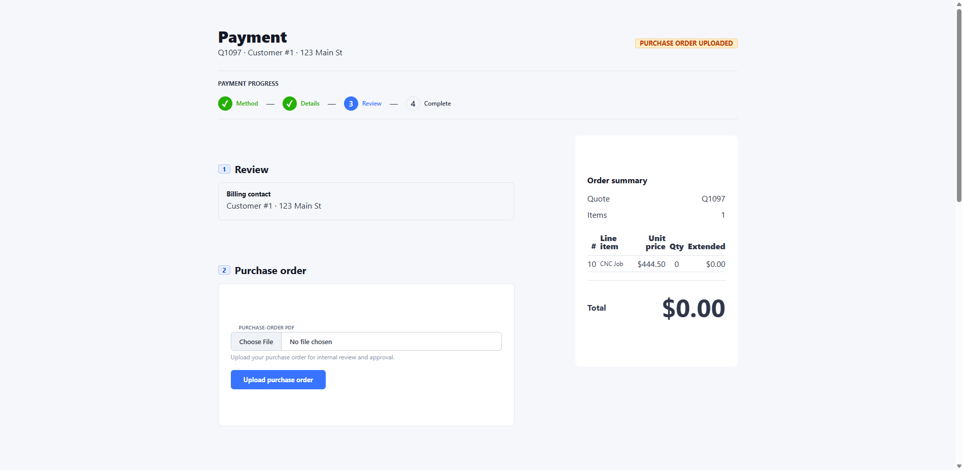 Public sales quote checkout purchase order uploaded